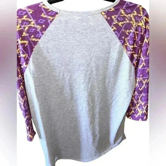 Lularoe large grey Randy baseball‎ T. Purple & yellow aztec sleeve, grey body. - Picture 2 of 7